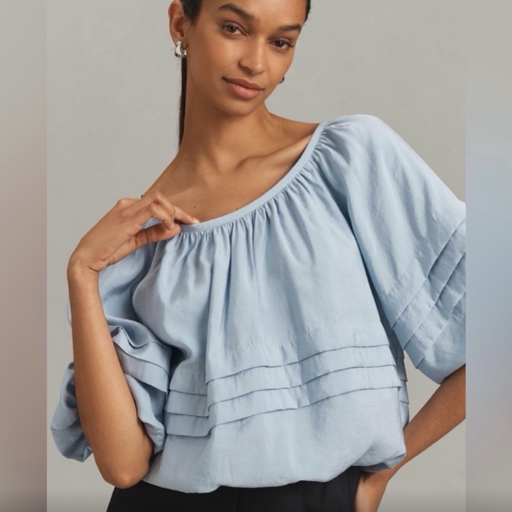 light blue Maeve bubble-hem blouse for Anthropologie - Picture 2 of 6